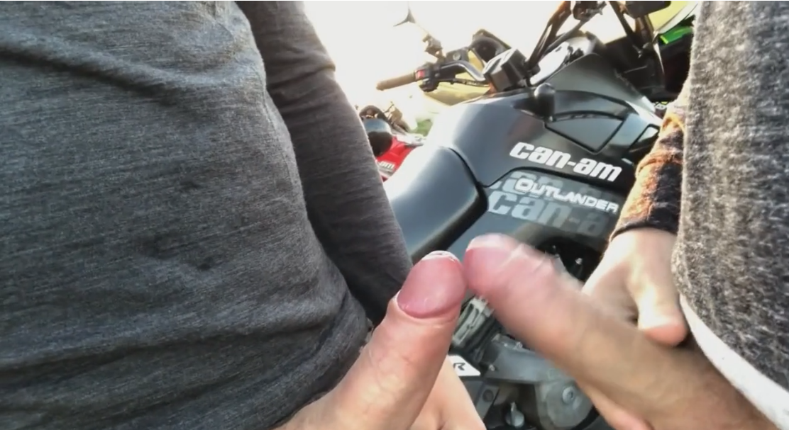 Biker boys outdoor comparing big hard cock jerking porn